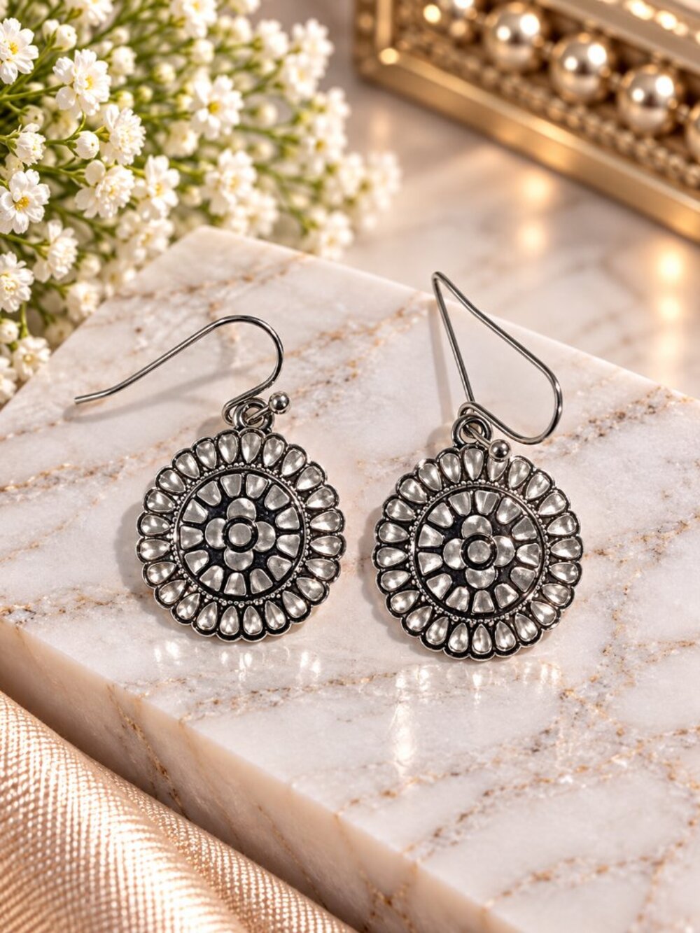 Silver Floral Mandala Filigree Drop Earrings - Women Jewelry Boho Statement